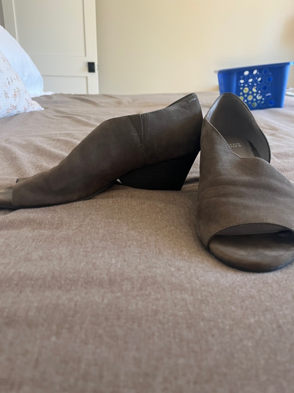 Eileen Fisher Open-Toe Wedge Mules in Taupe Brown
